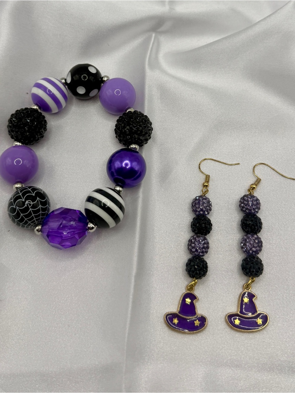 Handmade Halloween Bracelet & Witch Hat Earrings Set Purple Black Jewelry
